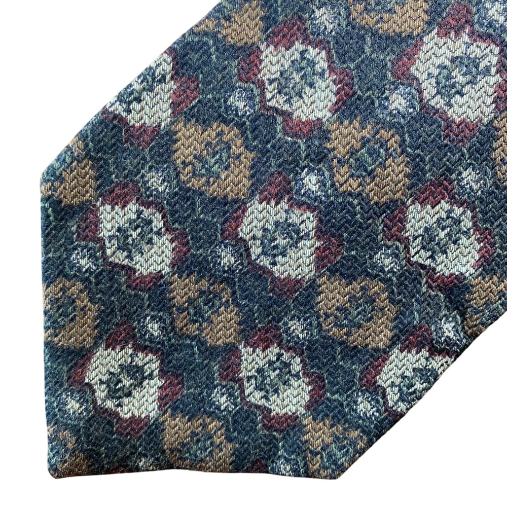 Altea Milano Silk Wool Floral Medallion Tie Navy Blue Burgundy Made in Italy